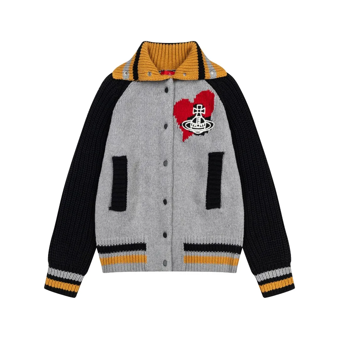VIVI "26th Spring Festival New Style" (photographing in white) vivienne west wood West Queen Mother Vivienne Saturn's new contrasting color design cardigan jacket, same style for men and women, same style for men and women, same style for men and women Size: S -M- L Color: Gray White
